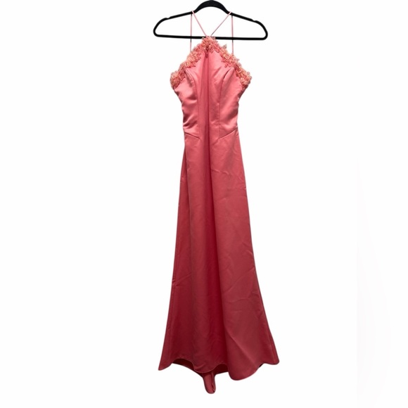 Dollar Dresses & Skirts - VTG 90s Y2K Dollar USA Coral Pink Satin Gown 3D Floral Beaded Halter Dress XS